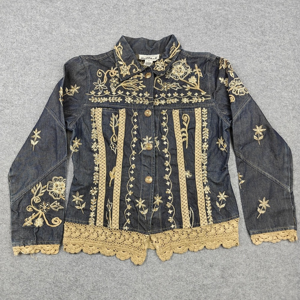 Vintage Flashback Jacket Womens Medium Blue Denim Embroidered Lace Boho Floral
